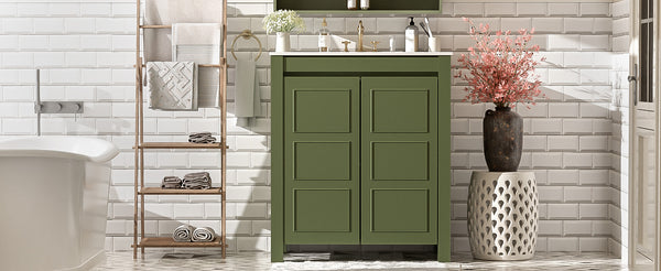 English Elm 30'' 30'' Farmhouse Bathroom Vanity Olive Green with Ceramic Sink, Adjustable Shelves, Soft-Close Doors, Rustic Wood Frame N729P290712F