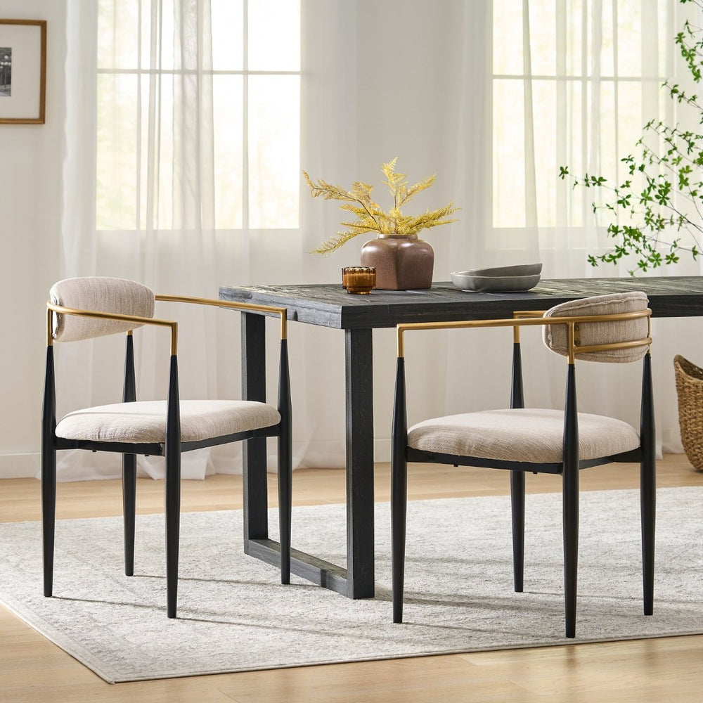 English Elm Dining Arm Chairs Set of 2 Gold Accent Iron Frame Upholstered Modern Minimalist N771P392272A