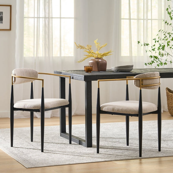 English Elm Dining Arm Chairs Set of 2 Gold Accent Iron Frame Upholstered Modern Minimalist N771P392272A