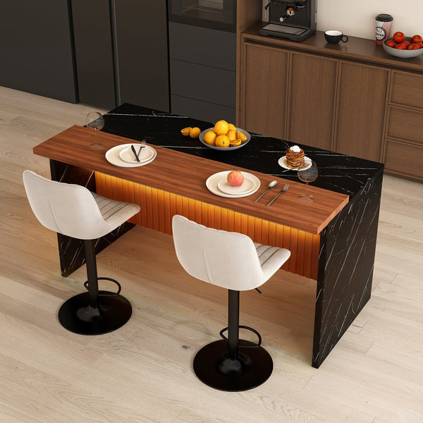 English Elm 63" Modern Kitchen Island Set With 2 Gray Bar Stools - Stylish Black Marble, Led Lighting, Durable Design W2699S00068
