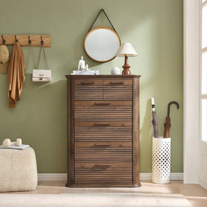 English Elm 6 Drawer Tall Fluted Chest with Waveform Fronts Slim Wooden Storage for Modern Bedroom T5326P425101