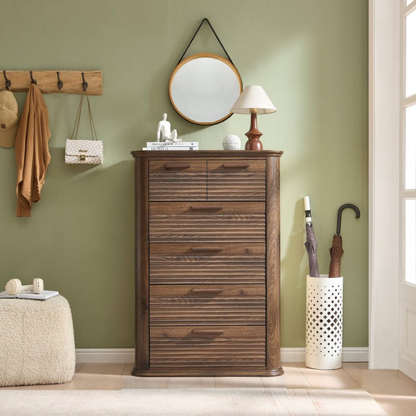 English Elm 6 Drawer Tall Fluted Chest with Waveform Fronts Slim Wooden Storage for Modern Bedroom T5326P425101