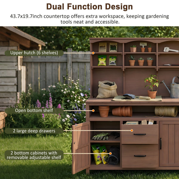 English Elm (with Hutch) Topmax Solid Fir Outdoor Potting Bench Station Cabinets Drawers Patio Garden Brown N717P404332D