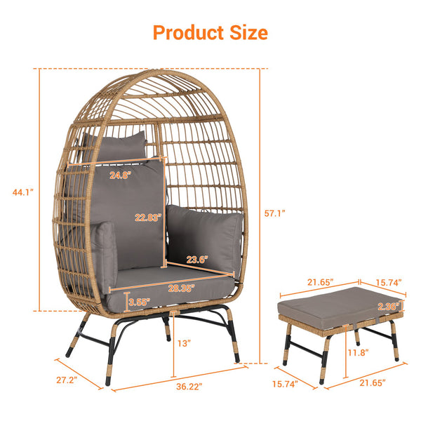English Elm Wicker Oversized Egg Chair with Ottoman and 3.2" Thick Cushions, Handwoven PE Rattan, Weatherproof Comfort Dark Gray W874P264671