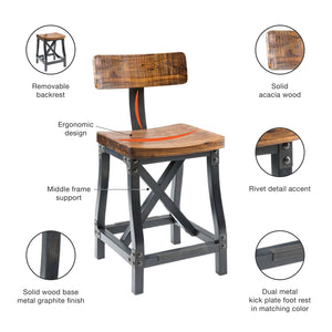 JLA Home INK+IVY - Counter Lancaster-Style Stool with Back — Solid Acacia Wood, Graphite Metal Rivets, Industrial Charm, Durable Seating FPF20-0312