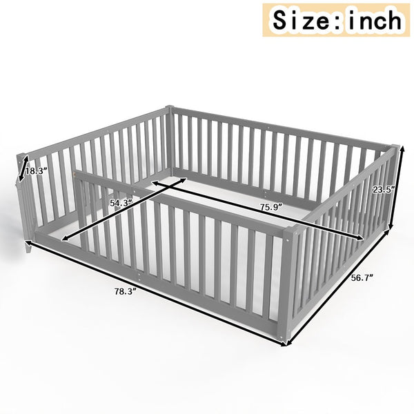 English Elm Twin Floor Bed Pine Wood Frame with Guardrails and Door for Safe Toddler Sleep Gray W1580P418052