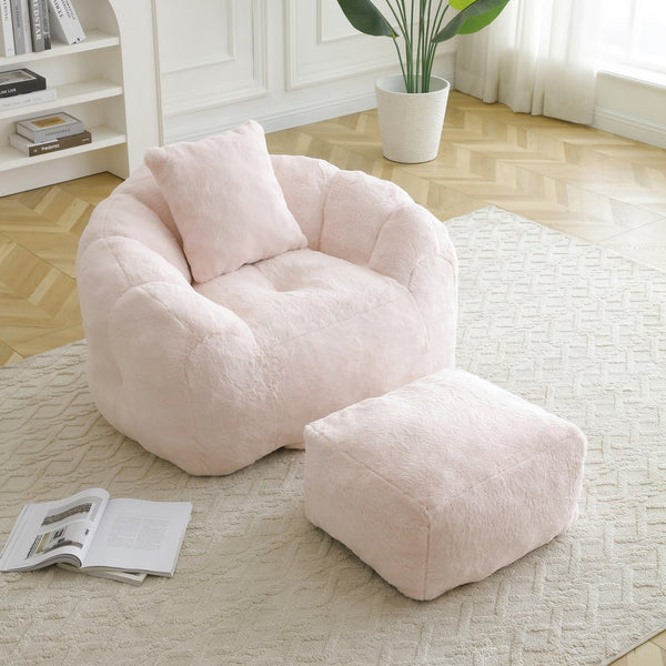 English Elm Giant Foam-Filled Bean Bag Chair with Footstool, Shell-Shaped Faux Fur Sofa for Gaming Reading уют Pink W2677P306794