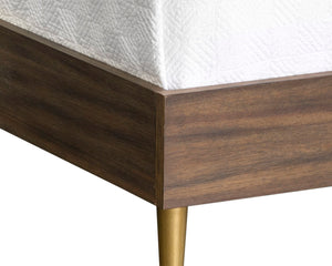 Sunpan GREYSON Queen Bed in Smoked Acacia - Handcrafted Chevron Headboard with Brass-Nickel Feet 102589
