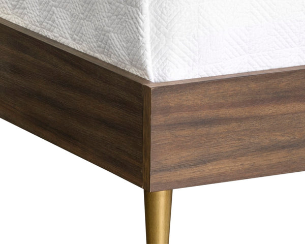 Sunpan GREYSON Queen Bed in Smoked Acacia - Handcrafted Chevron Headboard with Brass-Nickel Feet 102589
