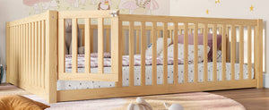English Elm Twin Floor Bed Pine Wood Frame with Guardrails and Door for Safe Toddler Sleep Natural W1580P417671