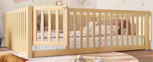 English Elm Twin Floor Bed Pine Wood Frame with Guardrails and Door for Safe Toddler Sleep Natural W1580P417671