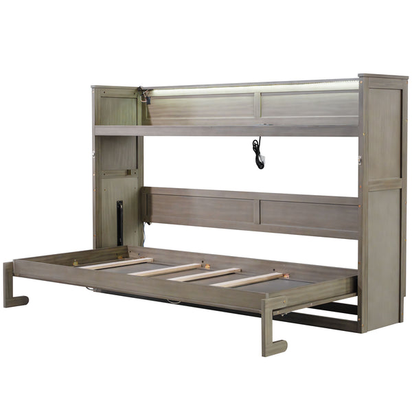 English Elm Twin XL Murphy Bed with Desk, LED Lighting and USB Charging Station — Space-Saving Solid Pine Design Gray Wash N7090005001N