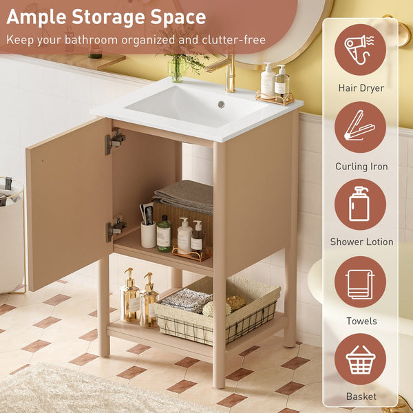 English Elm 20-inch French Style Bathroom Vanity with Integrated Ceramic Sink, Carved Accents & Soft-Close Door Cream White N710P330975Y