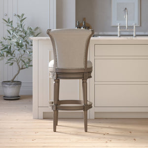 English Elm 26in. Wood High-back Swivel Barstool Farmhouse Style Nailhead Upholstered Kitchen Seat Gray B2751P436431
