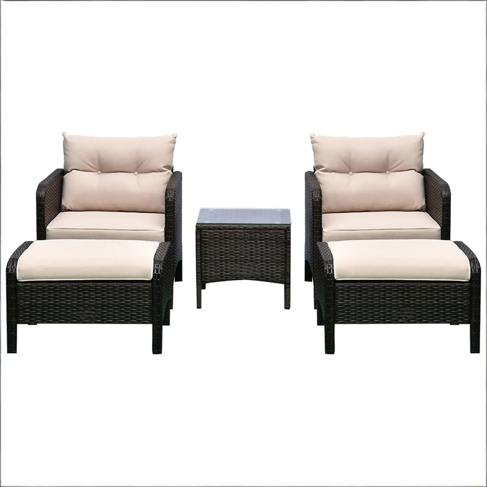English Elm 5 Piece Pe Wicker Patio Lounge Set with Armchairs Ottomans and Glass Coffee Table T3971S00228