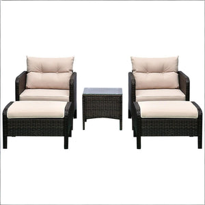 English Elm 5 Piece Pe Wicker Patio Lounge Set with Armchairs Ottomans and Glass Coffee Table T3971S00228