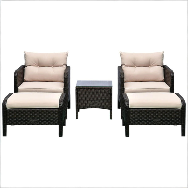 English Elm 5 Piece Pe Wicker Patio Lounge Set with Armchairs Ottomans and Glass Coffee Table T3971S00228