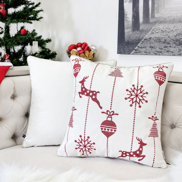English Elm White Christmas Throw Pillow 20X20 - Elegant Red Embroidered Reindeer & Snowflakes For Festive Cheer B357P361376-GIGA