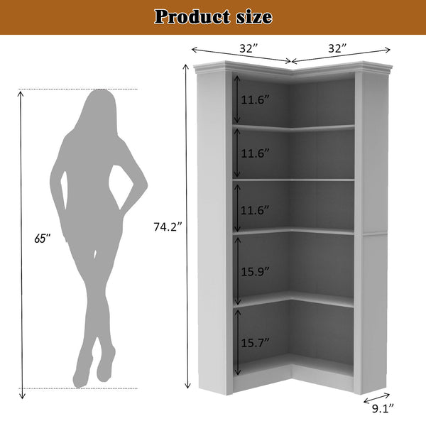 English Elm Corner 5-Tier Bookshelf White MDF – Space-Saving Corner Storage, Sturdy Durable Design for Home Study W3062P289213