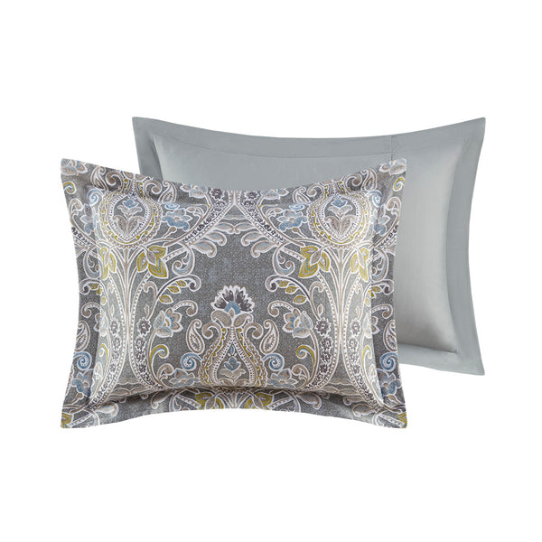 JLA Home Harbor House Blue - 5 Cotton Sateen Duvet Cover Set with Damask Print, Embroidered Pillows, OEKO-TEX Certified Comfort 90 L x 106 W x 0.13H HH12-1688