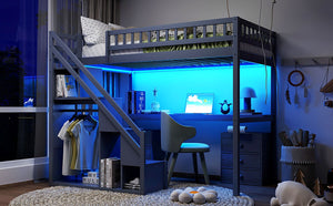 English Elm Twin Loft Bed with Staircase Desk Dual Drawers and Led Strip for Kids Rooms Gray LT000257AAE-1