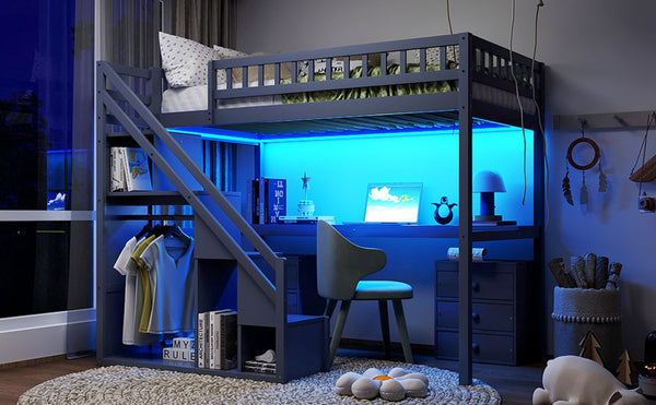 English Elm Twin Loft Bed with Staircase Desk Dual Drawers and Led Strip for Kids Rooms Gray LT000257AAE-1
