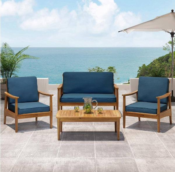 English Elm Christopher Knight Home® - Willowbrook Acacia Teak Brown 4-Piece Outdoor Conversation Set with Slat Design & Teal Cushions 68624.00DT-2_68628.00DT
