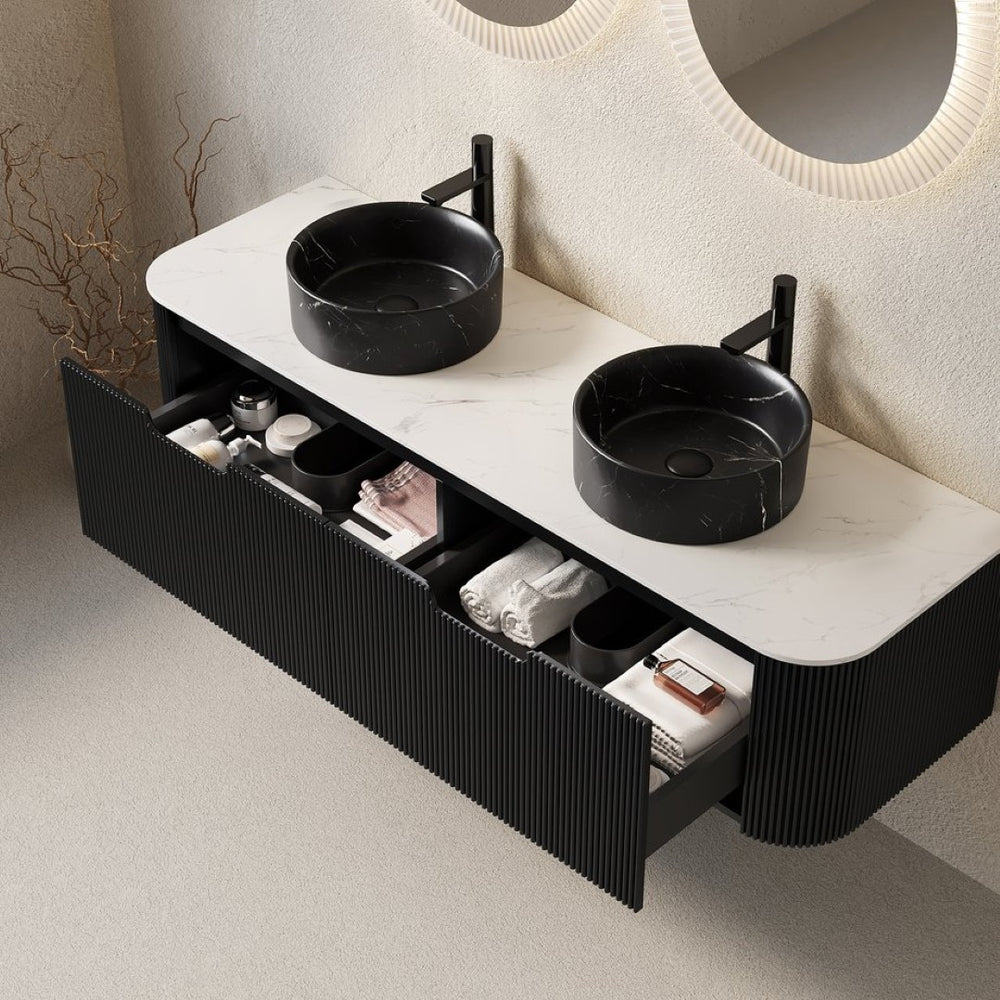 English Elm Dina 60 Inch Floating Bathroom Vanity Sintered Stone Top Dual Glass Basins Wood Grain Black,Carrara White W2615S00707