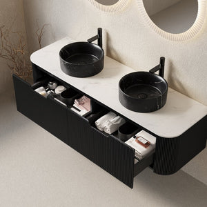 English Elm Dina 60 Inch Floating Bathroom Vanity Sintered Stone Top Dual Glass Basins Wood Grain Black,Carrara White W2615S00707