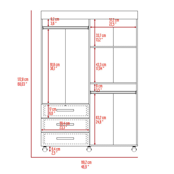 English Elm Hamilton Mobile Armoire with 4 Doors, 3 Drawers, Dual Hanging Rods and Multiple Shelves for Organized Storage and Durable Engineered Wood Finish Black 70.47 L x 23.23 W x 4.33 H B097S00229