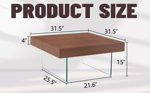 English Elm Walnut Square MDF Coffee Table 31.5"x31.5" with Tempered Glass Legs, Thick 4" Top, Anti-Slip Pads W1151P233512