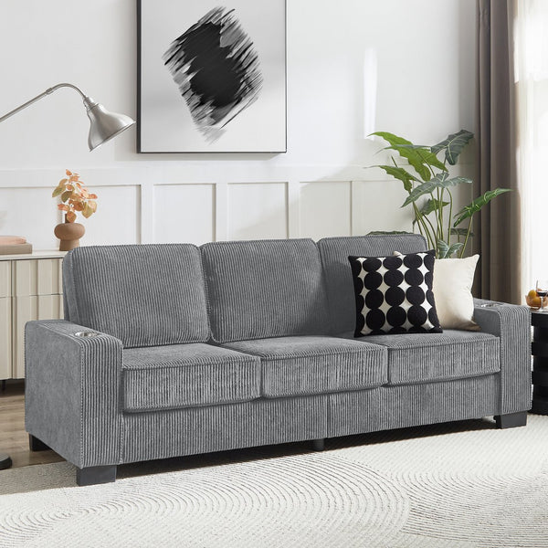English Elm 83.86"Corduroy comfy sofa with resilient sponge & spring cushions, stylish modern 3-seater for living spaces Gray W1359P215066