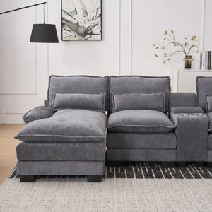 English Elm 123*55" Modern U-Shaped Sleeper Sofa with Double Chaise, Console, Cupholders & USB Ports, Grey W3401S00002