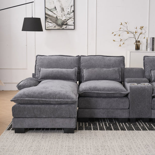 English Elm 123*55" Modern U-Shaped Sleeper Sofa with Double Chaise, Console, Cupholders & USB Ports, Grey W3401S00002