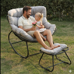 English Elm Dark Wicker Egg Rocking Chair with Ottoman Outdoor Pe Woven Patio Lounge Set Light Gray B082P455171