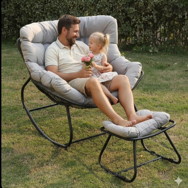 English Elm Dark Wicker Egg Rocking Chair with Ottoman Outdoor Pe Woven Patio Lounge Set Light Gray B082P455171