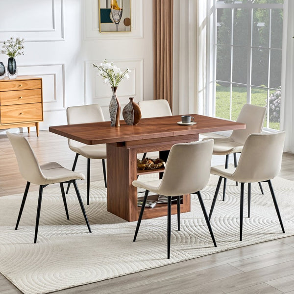 English Elm Expandable Walnut Finish Dining Set with Six Cushioned Pu Chairs for Modern Interiors Walnut+Black,Warm Grey W1151S04718