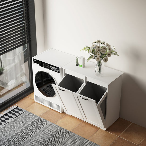 English Elm Laundry Cabinet Dual-Compartment Hamper with 2 Removable Liner Bags, Durable Melamine Finish, Space-Saving Storage W331P206345