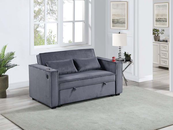 English Elm Dark Gray Corduroy Convertible 2-Seat Sleeper Sofa with Cup Holders, USB Ports, Pillows, Tufted Comfort B011S01584