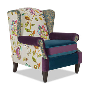 English Elm Jennifer Taylor Home - Anya Boho Chic Wingback Accent Chair - Luxurious Floral & Leopard Velvet In Blue-Teal & Purple B2719P238251