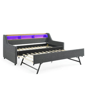 English Elm Twin Size Upholstery Sofa Bed With Led Lighting, Wireless Charging & Storage Trundle For Modern Living W1413S00057-GIGA