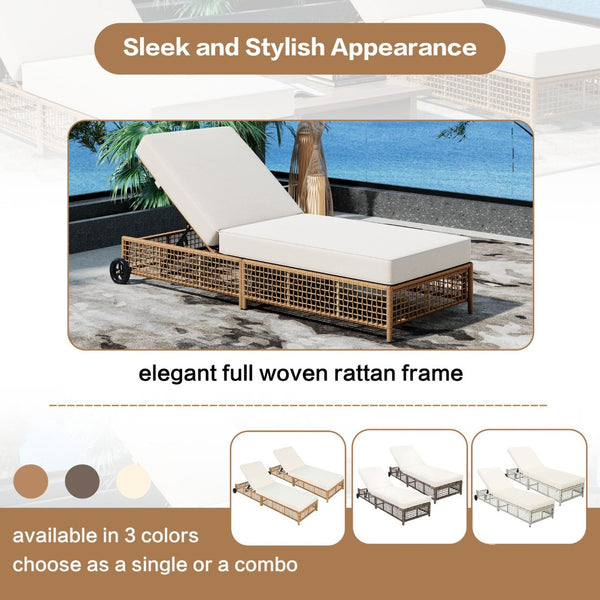 English Elm Trexm Outdoor Pe Rattan Chaise with Adjustable Backrest Cushion and Wheels for Poolside N715P207900A