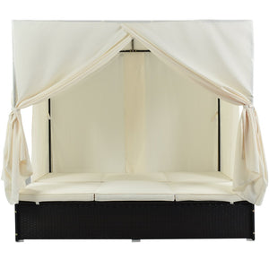 English Elm U_style Outdoor Double Daybed Resort Canopy Lounge with Steel Frame and Adjustable Backrests Beige WY000476AAK