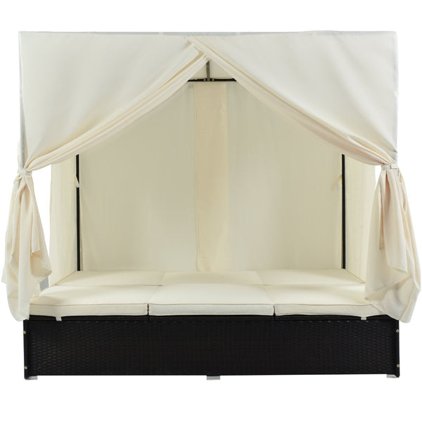 English Elm U_style Outdoor Double Daybed Resort Canopy Lounge with Steel Frame and Adjustable Backrests Beige WY000476AAK