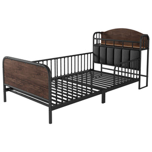 English Elm Twin Solid Wood Platform Bed with Guardrail for Kids, Low-Profile Sturdy Pine Frame, Safe Sleep Solution Black 43.7 L x 16.93 W x 9.65 H W2593P337436