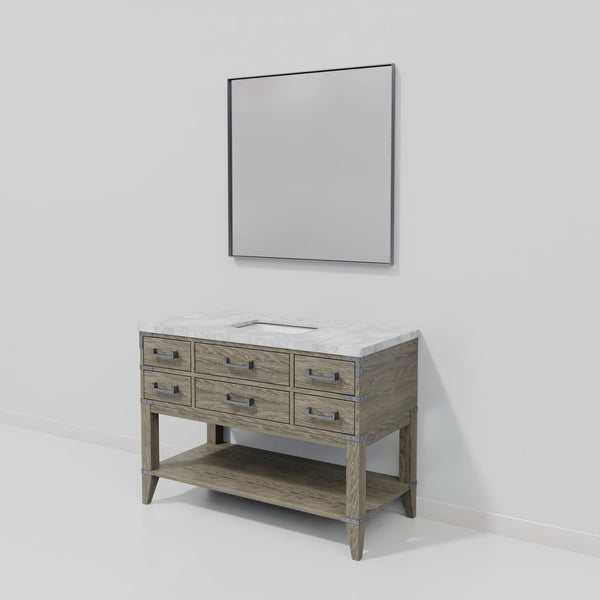 English Elm Grey Oak Single Bath Vanity 48 in W x 22 in D with Polished Carrara Marble Top, Soft-Close Drawers & 46 in Mirror B2731S01528