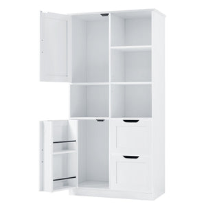 English Elm Bathroom Tall Storage Cabinet with Doors, 2 Drawers, Adjustable Shelf, Anti-Tip, MDF White, Sleek Handles WF530559AAK
