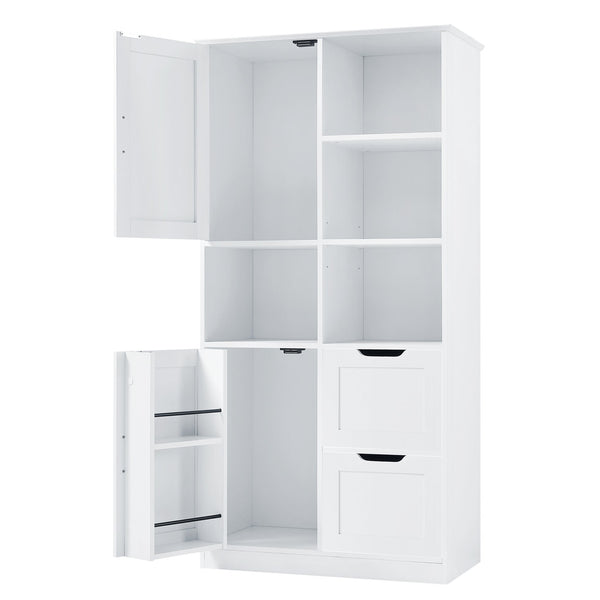 English Elm Bathroom Tall Storage Cabinet with Doors, 2 Drawers, Adjustable Shelf, Anti-Tip, MDF White, Sleek Handles WF530559AAK