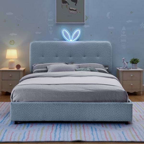 English Elm Full Size Kids Storage Bed Boucle Upholstered Rabbit Ear Headboard with Led Lighting Navy W1413P384925