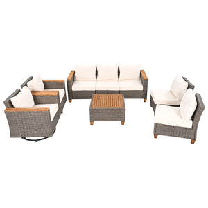 English Elm K&K 8-Piece Wicker Patio Set with 360° Swivel Rockers, Acacia Storage Table, Durable Cushions Beige+Brown N707S000016Z
